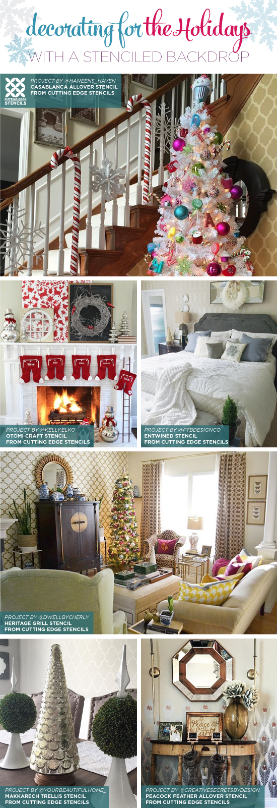 Cutting Edge Stencils shares stenciled accent walls that act as a beautiful backdrop for Christmas decorating. http://www.cuttingedgestencils.com/wall-stencils-stencil-designs.html
