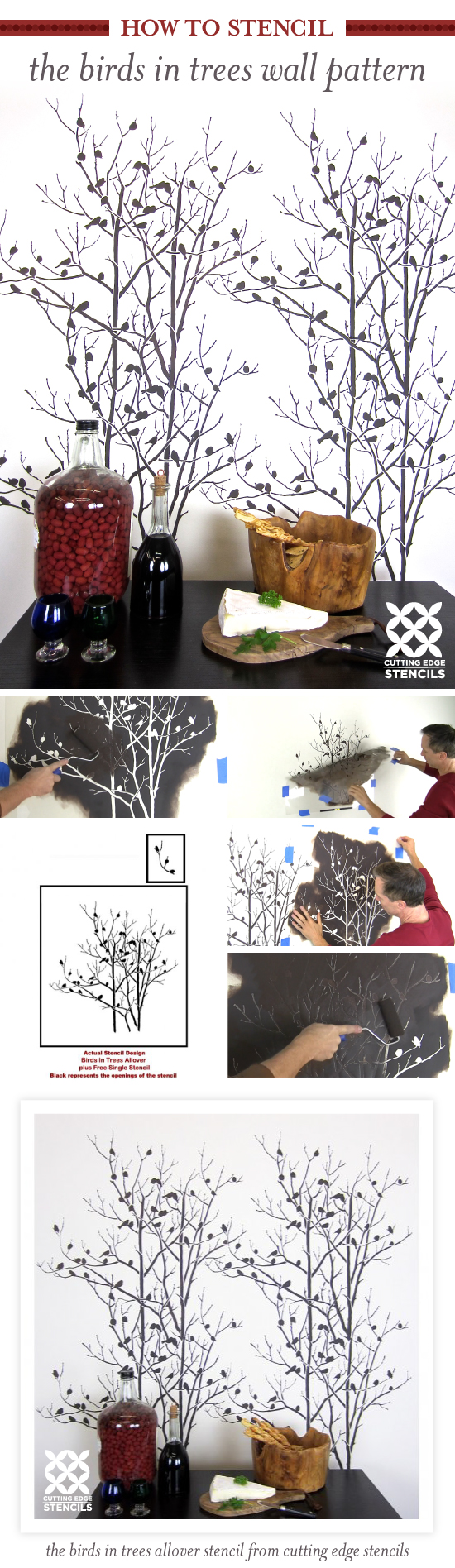 Cutting Edge Stencils shares how to stencil an accent wall using the Birds In Trees Allover Stencil pattern. http://www.cuttingedgestencils.com/birds-in-trees-wall-stencil-pattern.html