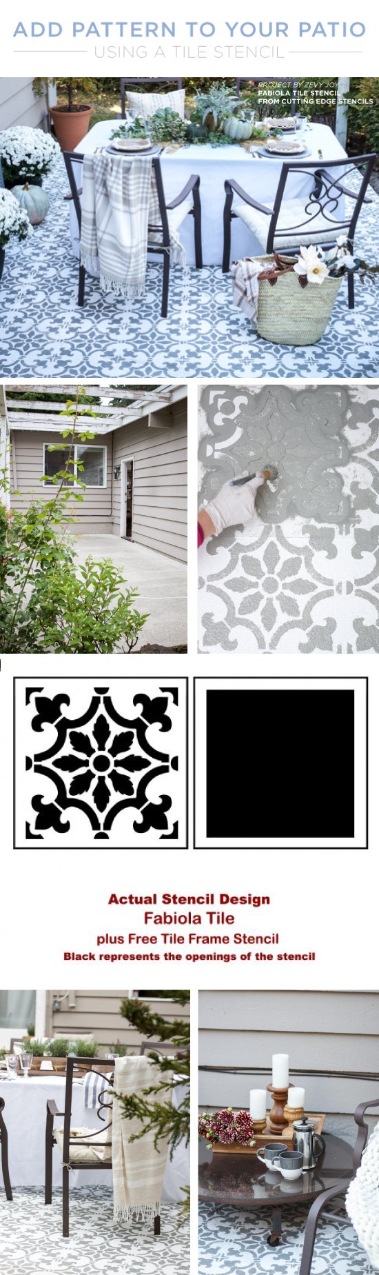 Cutting Edge Stencils shares a DIY stenciled cement patio makeover using the Fabiola Tile Stencil. http://www.cuttingedgestencils.com/fabiola-tile-stencil-spanish-portugese-tiles-stencils.html