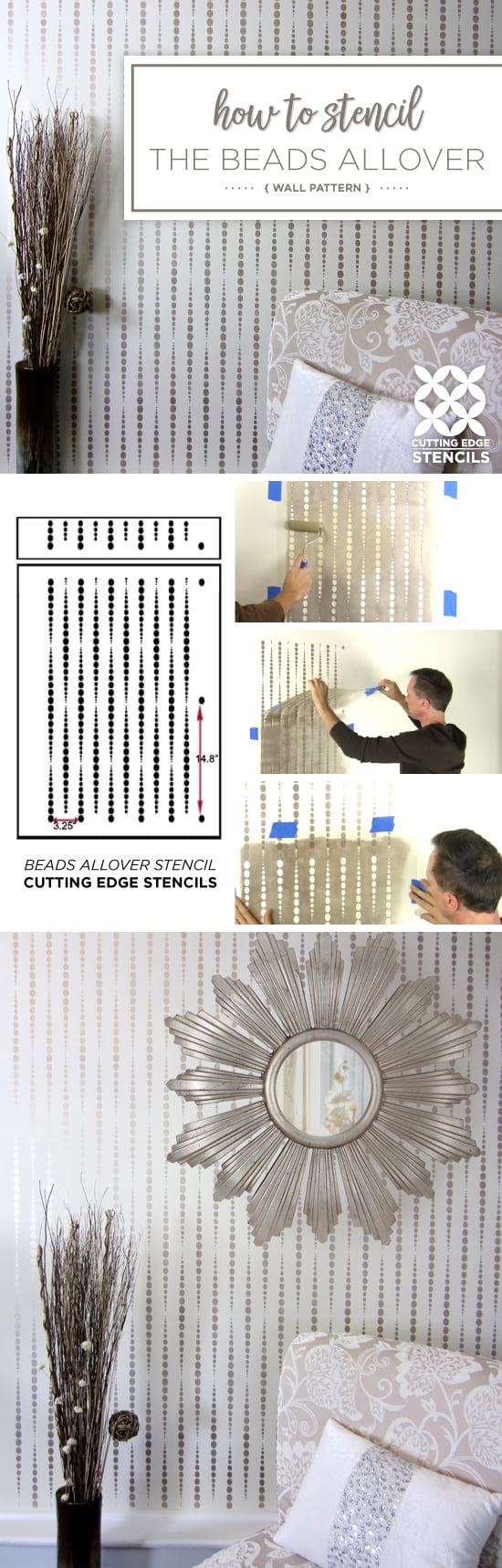 Cutting Edge Stencils shares a stencil tutorial showing how to paint an accent wall using a geometric wallpaper pattern, the Beads Allover Stencil. http://www.cuttingedgestencils.com/beads-wall-stencil-pattern.html