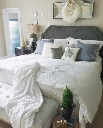 A beautiful bedroom with a DIY stenciled accent wall using the Entwined Allover Stencil from Cutting Edge Stencils. http://www.cuttingedgestencils.com/stencil-pattern-2.html
