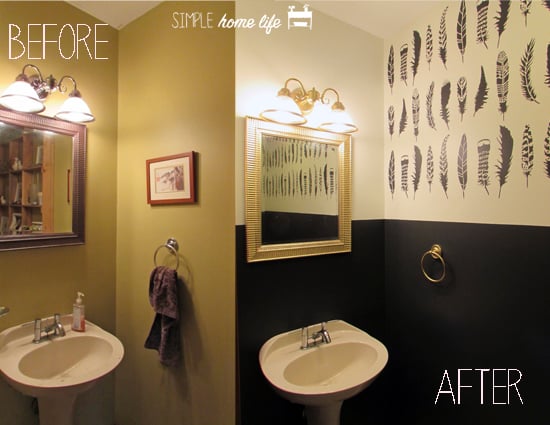A before and after shot of a tiny bathroom makeover using the Feathers Allover Stencil from Cutting Edge Stencils. http://www.cuttingedgestencils.com/feather-stencil-feathers-stencils-wall-pattern.html