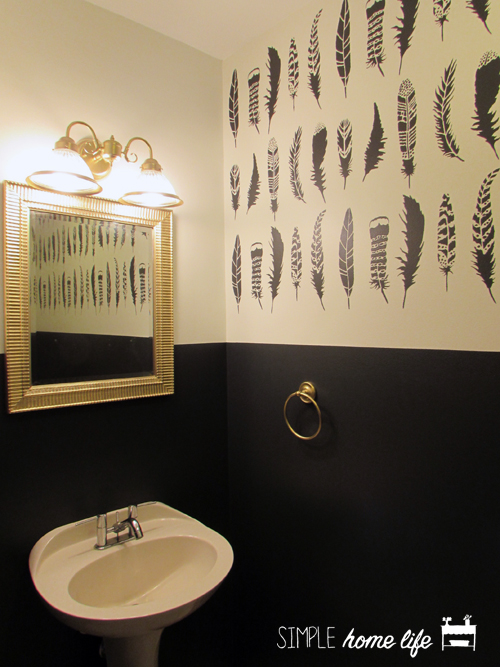 A DIY stenciled bathroom accent wall using the Feathers Allover Stencil from Cutting Edge Stencils in Benjamin Moore Cheating Heart. http://www.cuttingedgestencils.com/feather-stencil-feathers-stencils-wall-pattern.html