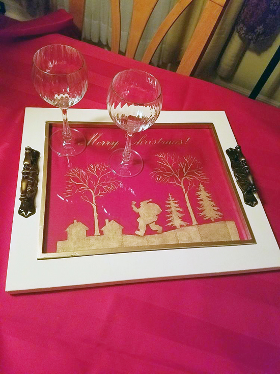 A DIY stenciled Holiday tray using the Merry Christmas Craft Stencil from Cutting Edge Stencils. http://www.cuttingedgestencils.com/merry-christmas-crafts-stencil-design-diy-holiday-decor.html