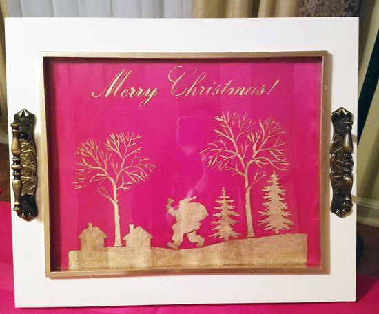 A DIY stenciled Holiday tray using the Merry Christmas Craft Stencil from Cutting Edge Stencils. http://www.cuttingedgestencils.com/merry-christmas-crafts-stencil-design-diy-holiday-decor.html