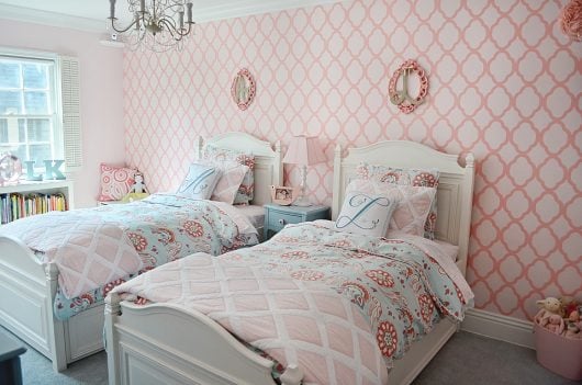 A pink and white shared girls bedroom using the Rabat Allover Stencil, a popular Moroccan wall pattern, from Cutting Edge Stencils. http://www.cuttingedgestencils.com/moroccan-stencil-pattern-3.html