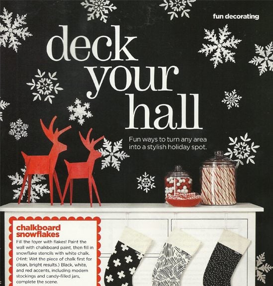 HGTV Magazine stencils a foyer accent wall using chalkboard paint and the Snowflake Stencil Kit from Cutting Edge Stencils. http://www.cuttingedgestencils.com/snowflake-stencils.html