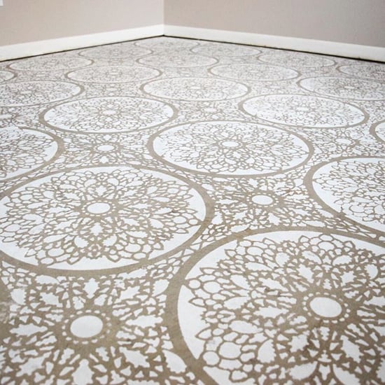 A DIY painted and stenciled floor using the Charlotte Allover Stencil, a lace pattern, from Cutting Edge Stencils. http://www.cuttingedgestencils.com/charlotte-allover-stencil-pattern.html