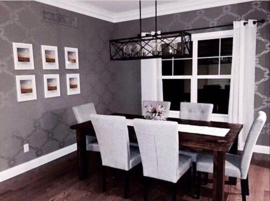 A DIY stenciled dining room using the Chelsea Allover Stencil to achieve a wallpaper look. Stencil from Cutting Edge Stencils. http://www.cuttingedgestencils.com/chelsea-allover-wall-pattern.html
