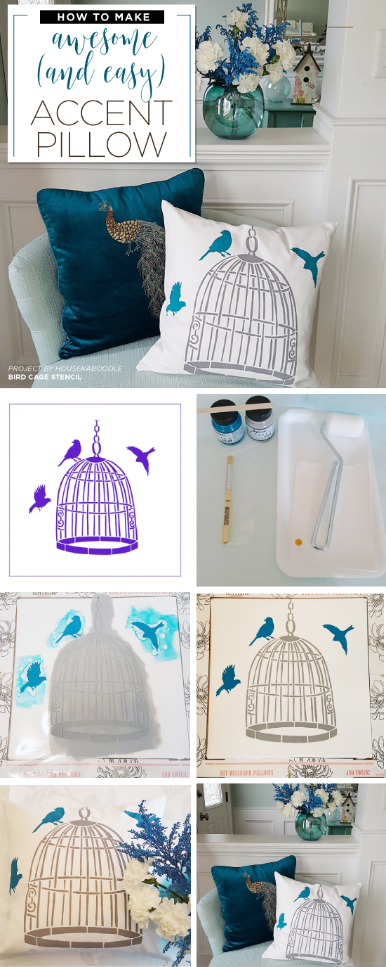 Cutting Edge Stencils shares how to stencil a DIY decorative pillow using the Bird Cage Accent Pillow Stencil Kit. http://www.cuttingedgestencils.com/bird-cage-stencils-paint-a-pillow-kit.html