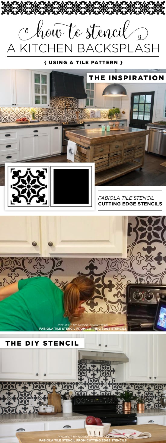 Cutting Edge Stencils shares a DIY kitchen makeover with a stenciled backsplash using the Fabiola Tile pattern. http://www.cuttingedgestencils.com/fabiola-tile-stencil-spanish-portugese-tiles-stencils.html