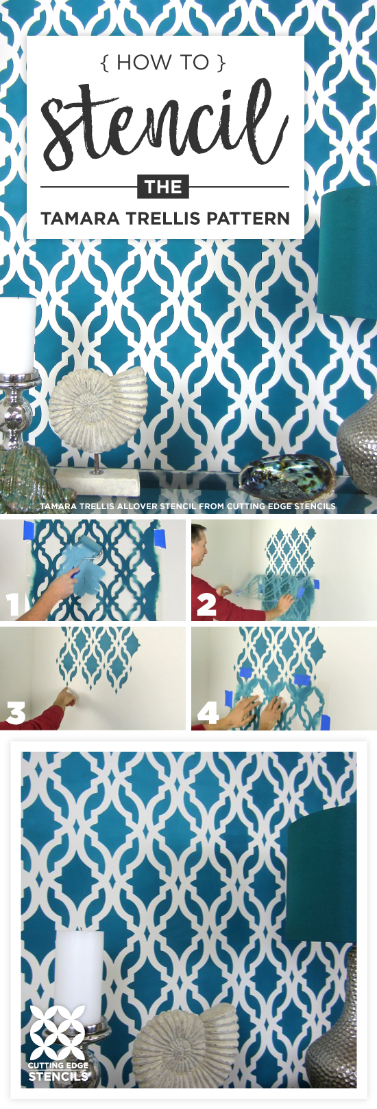 Cutting Edge Stencils shares a stencil tutorial showing how to paint an accent wall using a Moroccan wallpaper pattern, the Tamara Trellis Allover Stencil. http://www.cuttingedgestencils.com/tamara-trellis-allover-wall-stencils.html