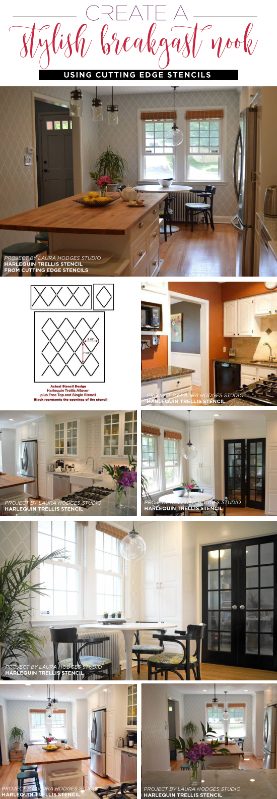 Cutting Edge Stencils shares how to add personal style and fun decor to your kitchen and adjoining eating area using a stencil pattern. http://www.cuttingedgestencils.com/trellis-stencil-harlequin.html