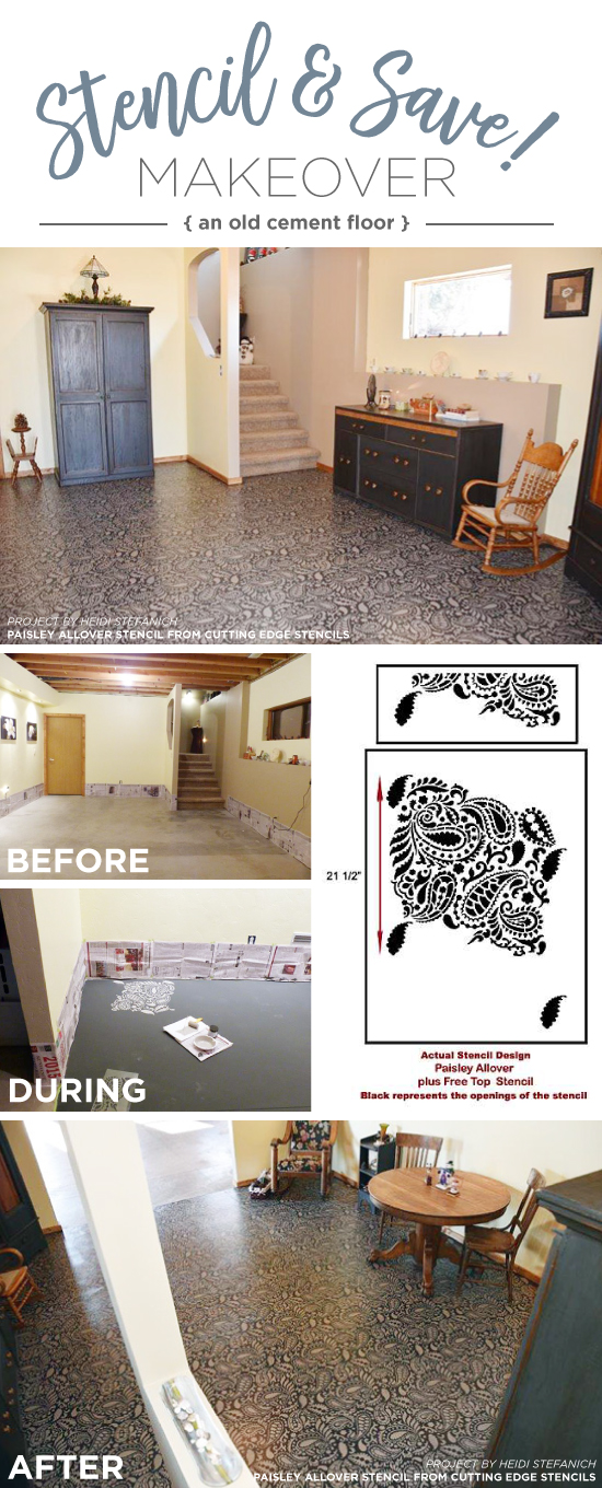 Cutting Edge Stencils shares a cement floor makeover using the Paisley Allover Stencil. http://www.cuttingedgestencils.com/paisley-allover-stencil.html