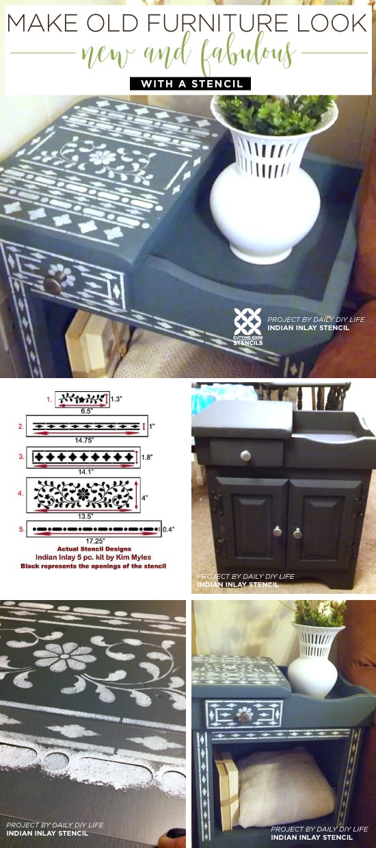 A black and white stenciled and painted side table using the Indian Inlay Stencil kit designed by Kim Myles from Cutting Edge Stencils. http://www.cuttingedgestencils.com/indian-inlay-stencil-furniture.html