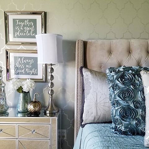 A DIY stenciled bedroom accent wall in a shimmering metallic paint using the Marrakech Trellis allover Stencil from Cutting Edge Stencils. http://www.cuttingedgestencils.com/moroccan-stencil-marrakech.html
