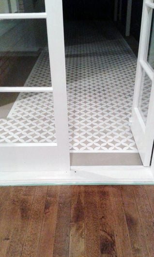 A DIY stenciled floor using the Nagoya Allover, a geometric pattern, from Cutting Edge Stencils. http://www.cuttingedgestencils.com/japanese-stencil-nagoya.html