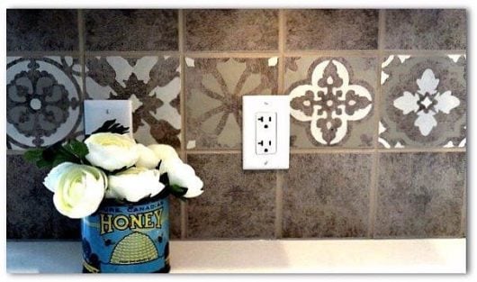 A DIY stenciled kitchen backsplash using the Patchwork Tiles Stencils Patterns from Cutting Edge Stencils. http://www.cuttingedgestencils.com/patchwork-tile-pattern-stencil-wall-tiles.html
