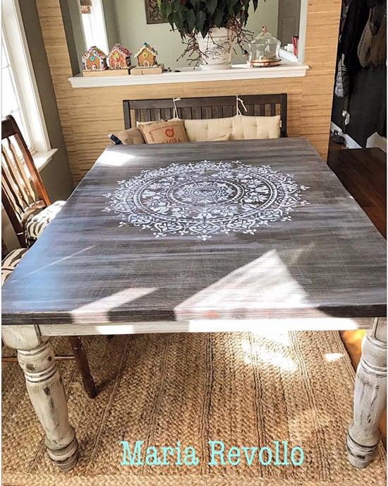 Learn how to stencil a wood kitchen table using the Prosperity Mandala Stencil from Cutting Edge Stencils. http://www.cuttingedgestencils.com/prosperity-mandala-stencil-yoga-mandala-stencils-designs.html