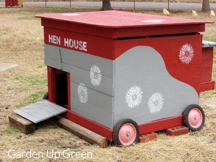 A DIY stenciled chicken coop painted with the Starburst Zinnia Flower Stencil from Cutting Edge Stencils. http://www.cuttingedgestencils.com/flower-stencils-starburst-zinnia-wall-art-stencil-floral.html