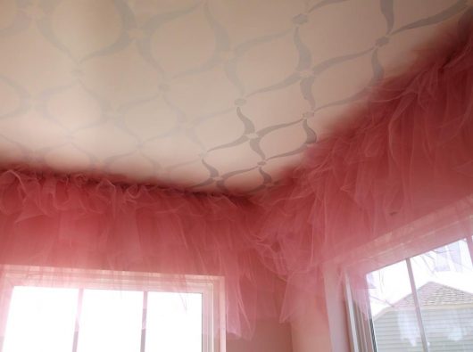A metallic silver stenciled ceiling in a girl's bedroom using the Sweet Dreams Allover Stencil pattern from Cutting Edge Stencils. http://www.cuttingedgestencils.com/stencil-dreams-nursery-stencil-design.html