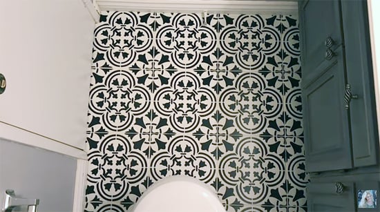 A DIY painted and stenciled ceramic tile floor using the Augusta Tile Stencil from Cutting Edge Stencils. http://www.cuttingedgestencils.com/augusta-tile-stencil-design-patchwork-tiles-stencils.html