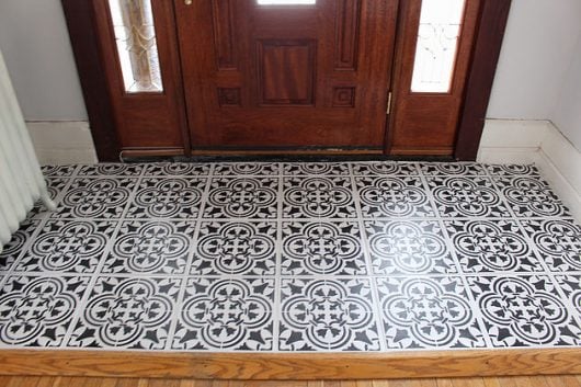 A DIY stenciled entryway floor using the Augusta Tile Stencil from Cutting Edge Stencils. http://www.cuttingedgestencils.com/augusta-tile-stencil-design-patchwork-tiles-stencils.html