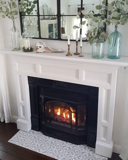 A DIY stenciled fireplace hearth floor using the Augusta Tile Stencil from Cutting Edge Stencils. http://www.cuttingedgestencils.com/augusta-tile-stencil-design-patchwork-tiles-stencils.html