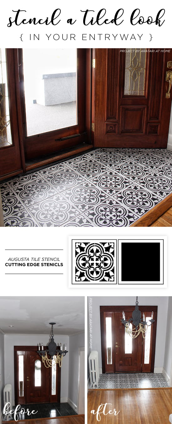 Cutting Edge Stencils shares a DIY stenciled entryway floor using the Augusta Tile Stencil. http://www.cuttingedgestencils.com/augusta-tile-stencil-design-patchwork-tiles-stencils.html