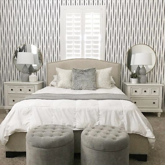 A black and white stenciled accent wall in a teen girl bedroom using the Beads Allover Stencil pattern from Cutting Edge Stencils. http://www.cuttingedgestencils.com/beads-wall-stencil-pattern.html