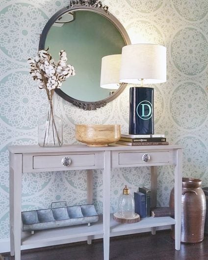 A DIY stenciled accent wall in a foyer using the Charlotte Allover Stencil from Cuttting Edge Stencils. http://www.cuttingedgestencils.com/charlotte-allover-stencil-pattern.html