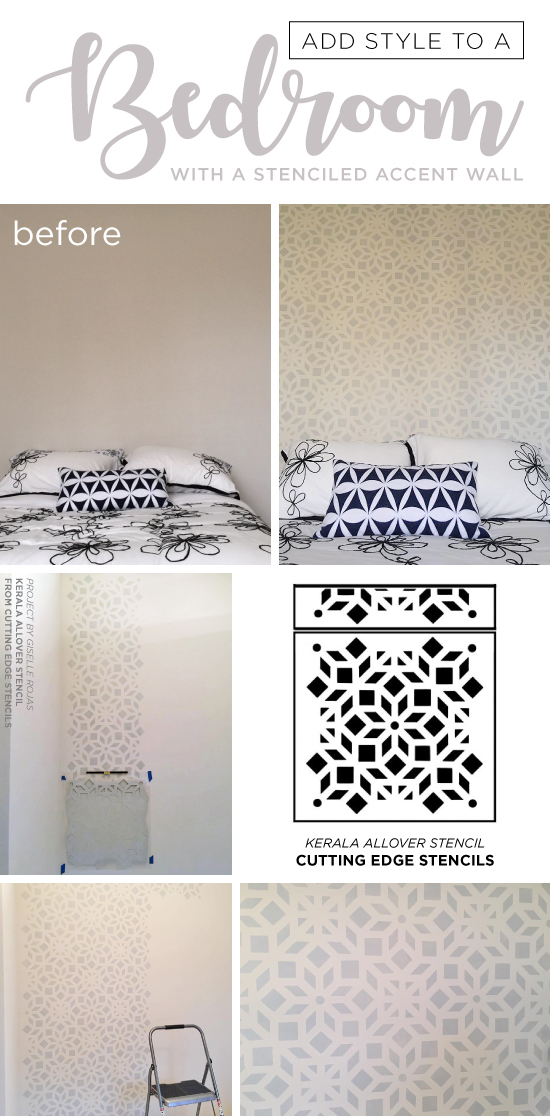 Cutting Edge Stencils a gray and white stenciled bedroom accent wall using the Kerala Allover Stencil, an Indian inspired wallpaper pattern. http://www.cuttingedgestencils.com/kerala-indian-stencil-geometric-pattern-stencils.html