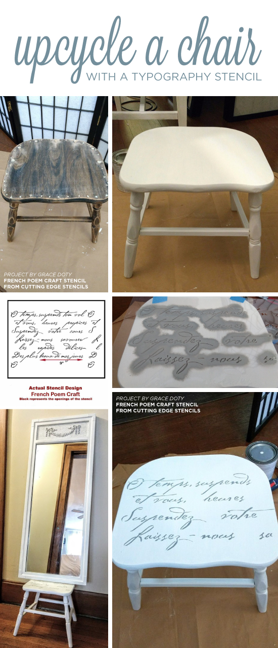 Cutting Edge Stencils shares how to stencil a chair using the French Poem Craft Stencil, a typography pattern. http://www.cuttingedgestencils.com/french-poem-diy-craft-stencil-design.html