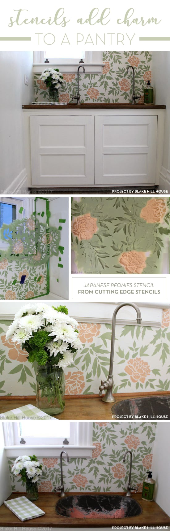 Cutting Edge Stencils shares a DIY floral stenciled accent wall in a pantry using the Japanese Peonies Allover Stencil. http://www.cuttingedgestencils.com/japanese-peonies-floral-stencil-pattern.html