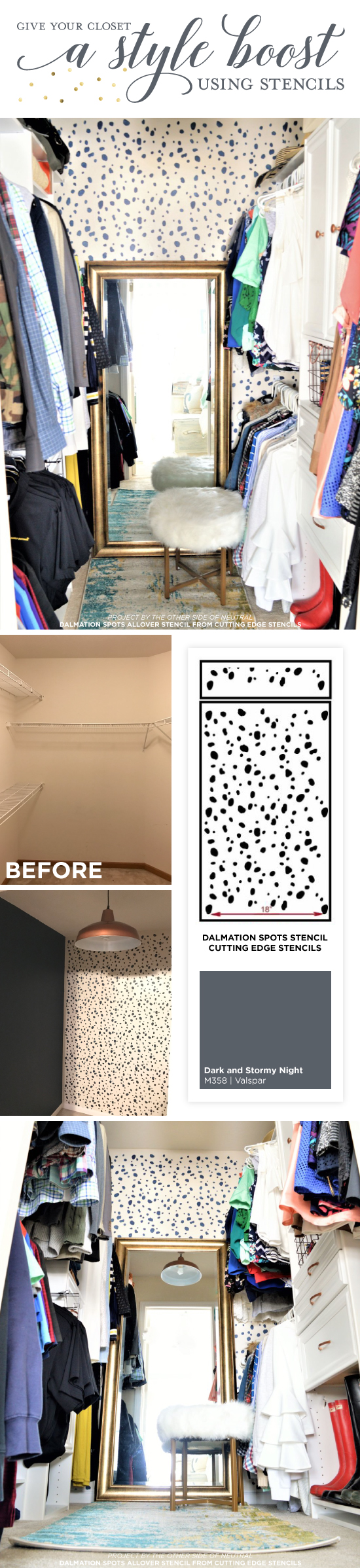 Cutting Edge Stencils shares a DIY stenciled master bedroom closet accent wall using the Dalmatian Spots Allover Stencil. http://www.cuttingedgestencils.com/dalmatian-spots-stencil-dots-wallpaper-pattern.html