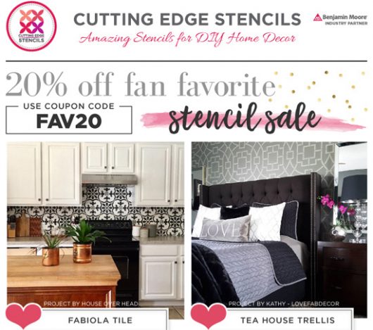  Cutting Edge Stencils shares its Fan Favorite Stencil Sale. Take 20 percent off using the code FAV20 http://www.cuttingedgestencils.com/stencils-sale-discount.html