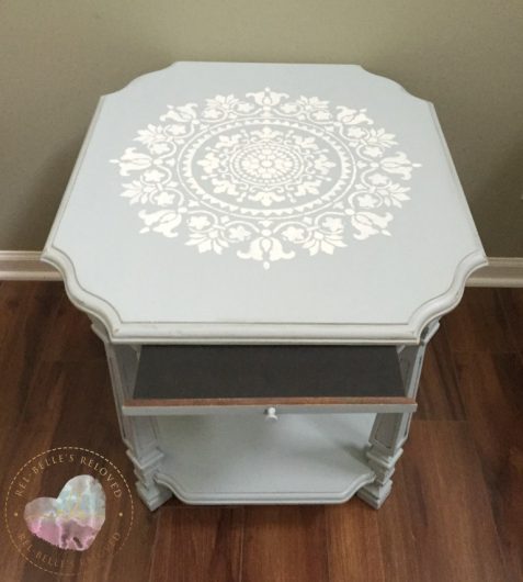 A blue and white DIY stenciled table makeover using the Gratitude Mandala Stencil from Cutting Edge Stencils. http://www.cuttingedgestencils.com/gratitude-mandala-stencil-yoga-designs.html
