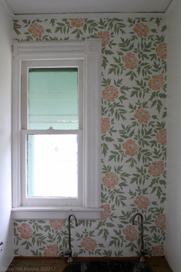 A DIY floral stenciled butler's pantry accent wall using the Japanese Peonies Allover Stencil from Cutting Edge Stencils. http://www.cuttingedgestencils.com/japanese-peonies-floral-stencil-pattern.html