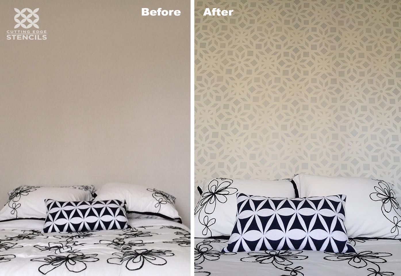 A before and after of a stenciled bedroom accent wall using the Kerala Allover Stencil, an Indian inspired wallpaper pattern, from Cutting Edge Stencils. http://www.cuttingedgestencils.com/kerala-indian-stencil-geometric-pattern-stencils.html