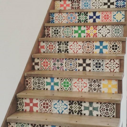 DIY stenciled stair risers using the Medieval Tile Stencil Kit from Cutting Edge Stencils. http://www.cuttingedgestencils.com/medieval-tile-stencil-kit-patchwork-tiles-stencils.html