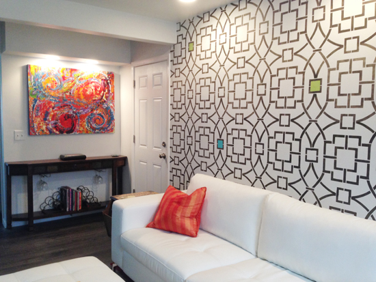 A DIY stenciled living room accent wall using the Tea House Trellis Allover Stencil from Cutting Edge Stencils. http://www.cuttingedgestencils.com/tea-house-trellis-allover-stencil-pattern.html