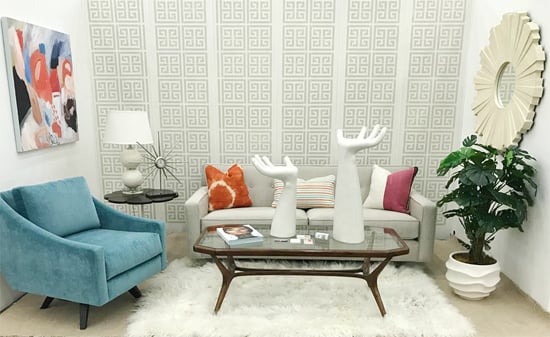 A DIY stenciled living room accent wall using the Athena Allover Stencil from Cutting Edge Stencils. Featured in the American Craft Show. http://www.cuttingedgestencils.com/wallpaper-stencil-athena.html