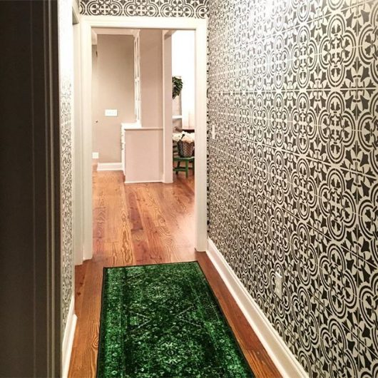 A stenciled hallway with a wallpaper look using the Augusta Tile Stencil from Cutting Edge Stencils. http://www.cuttingedgestencils.com/augusta-tile-stencil-design-patchwork-tiles-stencils.html