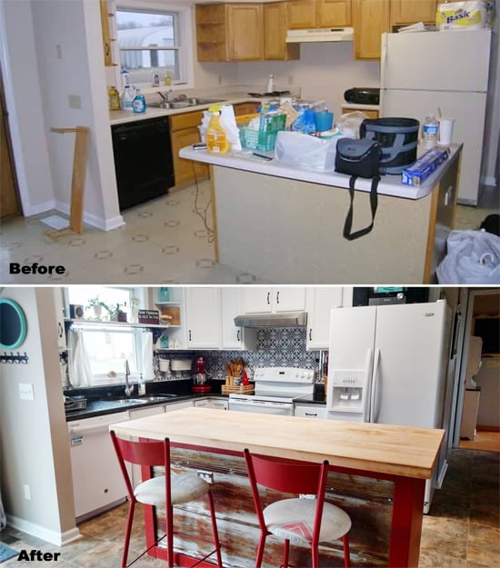 A before and after photo of a DIY stenciled faux tile kitchen backsplash using the Fabiola Tile Stencil from Cutting Edge Stencils. http://www.cuttingedgestencils.com/fabiola-tile-stencil-spanish-portugese-tiles-stencils.html