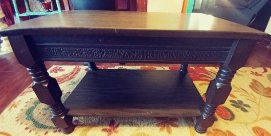 A wooden coffee table before its painted and stenciled makeover. http://www.cuttingedgestencils.com/prosperity-mandala-stencil-yoga-mandala-stencils-designs.html