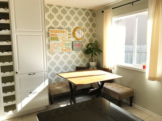 A DIY stenciled farmhouse kitchen accent wall using the Cascade Allover Stencil from Cutting Edge Stencils. http://www.cuttingedgestencils.com/cascade-allover-stencil-pattern.html