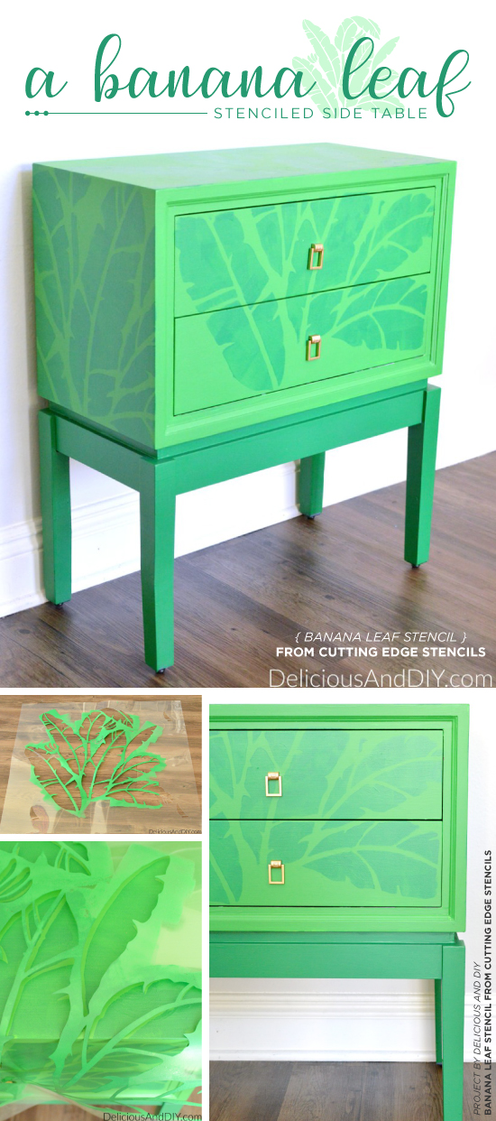 Cutting Edge Stencils shares a DIY stenciled green side table using the Banana Leaf Allover Stencil. http://www.cuttingedgestencils.com/banana-leaf-stencil-tropical-wallpaper-palm-leaves-print.html