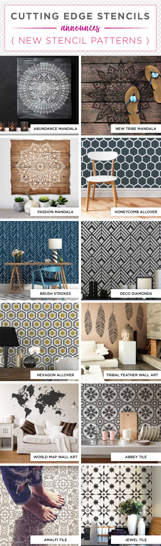 Cutting Edge Stencils shares a NEW collection of wall patterns that include Mandala designs, tile stencils, and geometrics. http://www.cuttingedgestencils.com/wall-stencils-stencil-designs.html