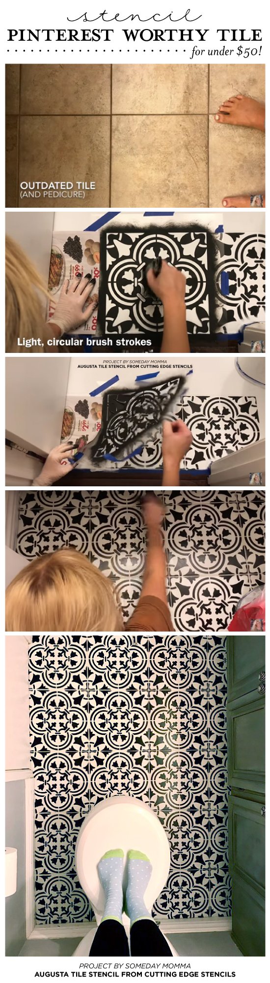 Cutting Edge Stencils shares a DIY painted and stenciled ceramic tile floor using the Augusta Tile pattern. http://www.cuttingedgestencils.com/augusta-tile-stencil-design-patchwork-tiles-stencils.html