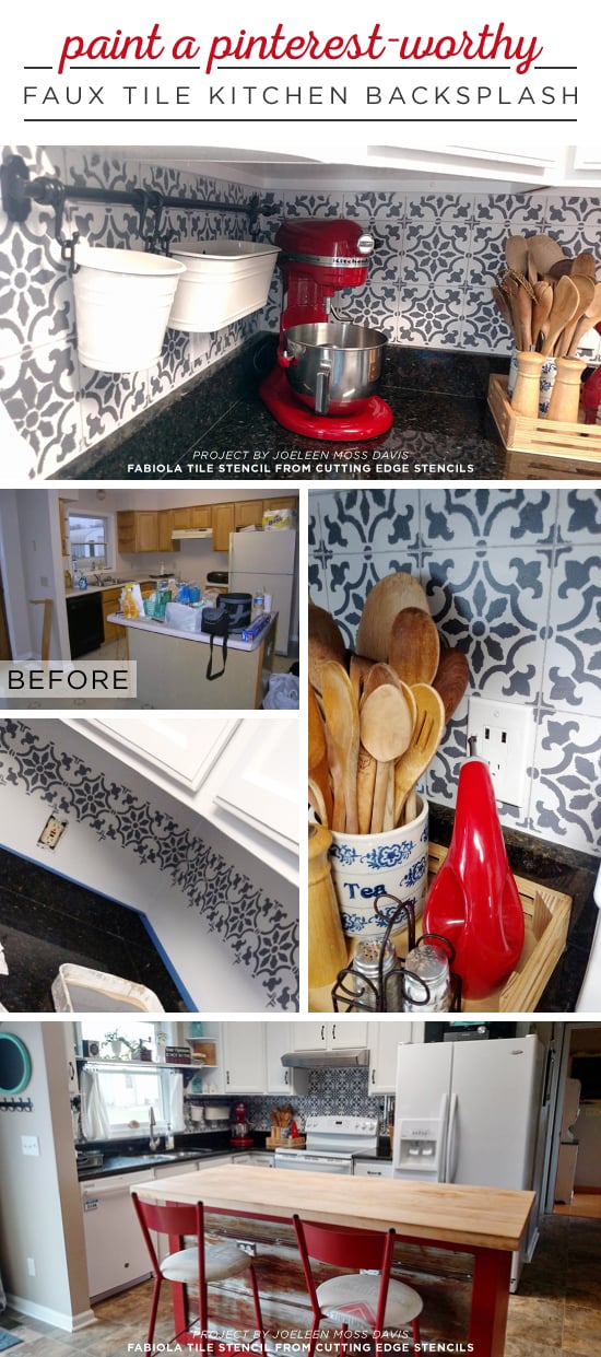 Cutting Edge Stencils shares a kitchen makeover with a DIY stenciled faux tile backsplash using the Fabiola Tile Stencil. http://www.cuttingedgestencils.com/fabiola-tile-stencil-spanish-portugese-tiles-stencils.html